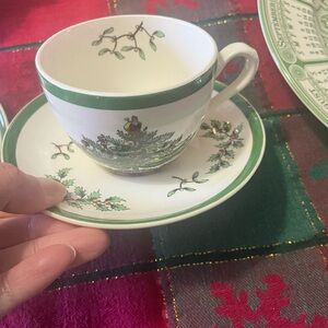 Spode Festive Green and White Mug with Saucer